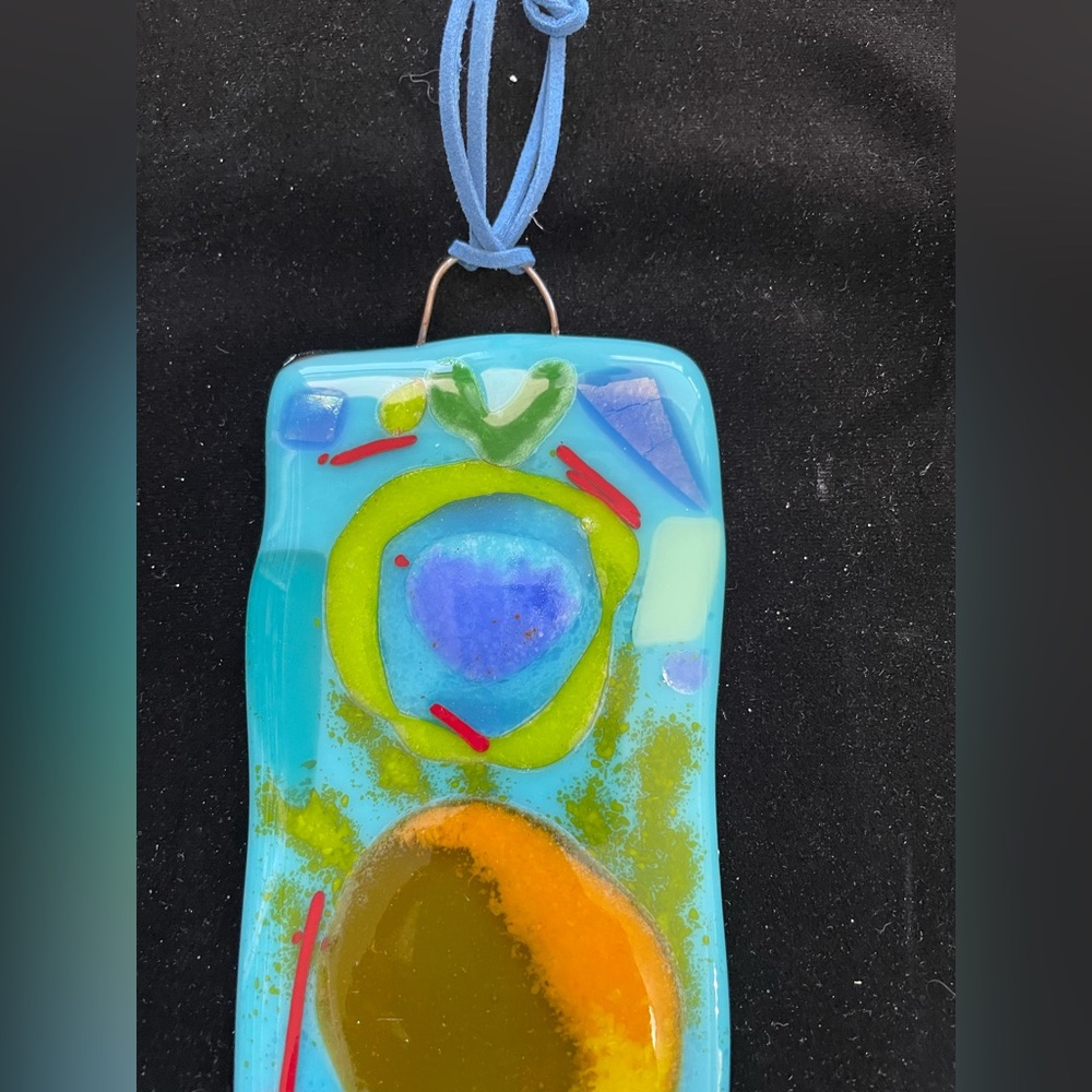 “Magical Garden “Fused Art Glass  Hanging Plaque 10”x3” Aqua Blue - Picture 7 of 9